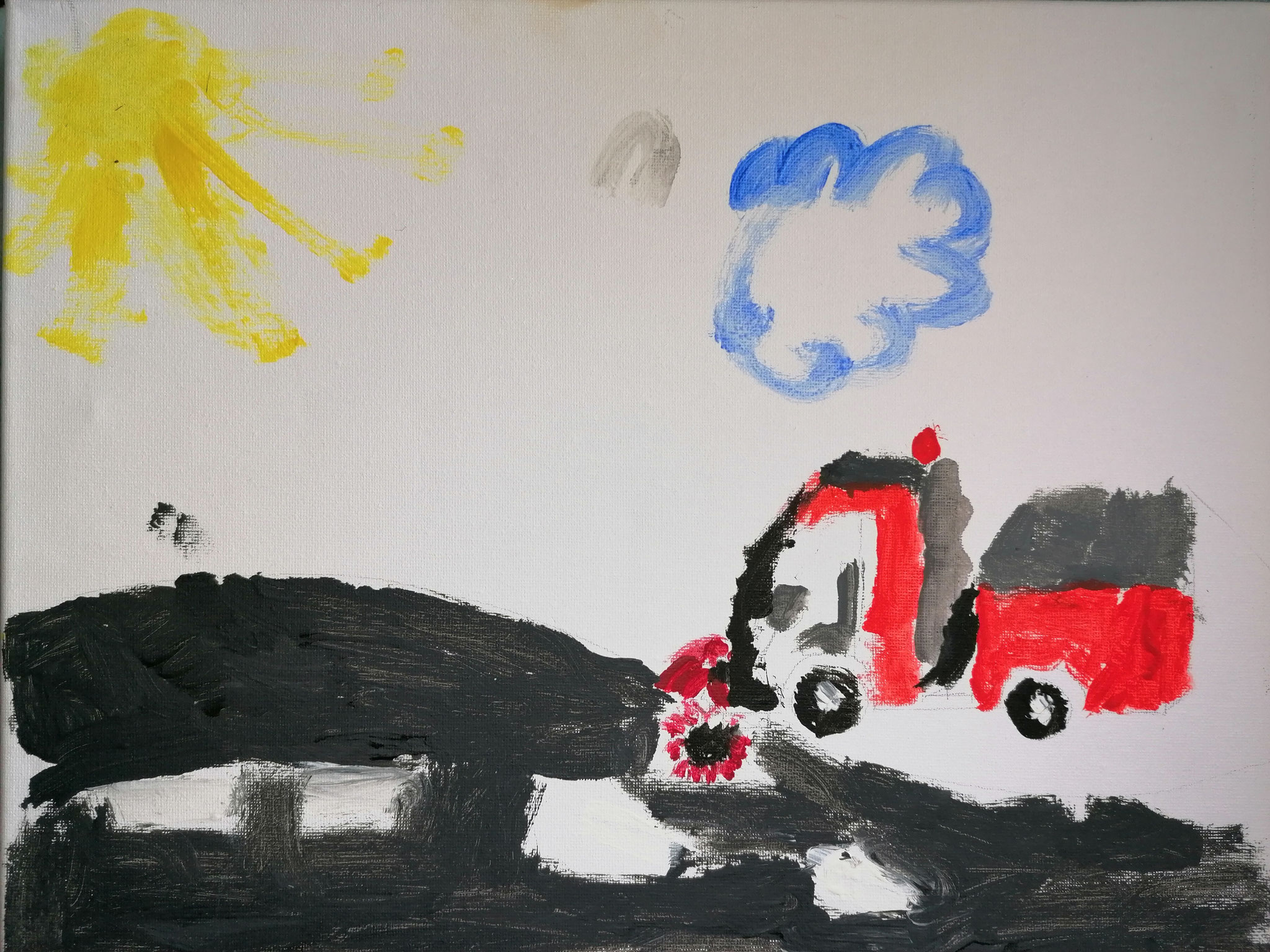 Max aus der 3a malt auf der Leinwand eine tolle Kehrmaschine.
