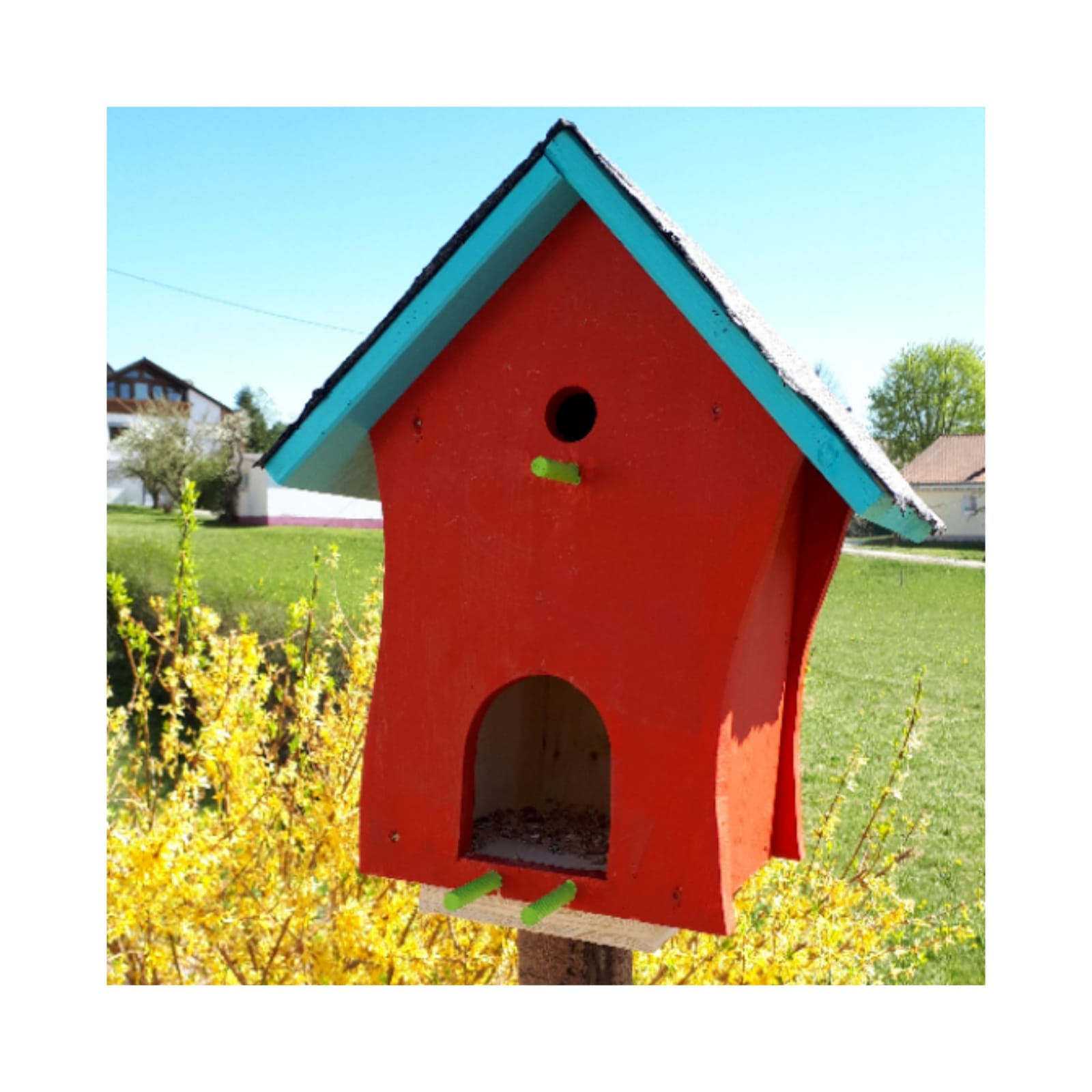 Frau Weiß gestaltet mit ihren Töchtern ein farbenfrohes Vogelhaus. 